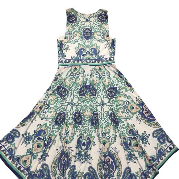 Donna Morgan Blue Green Paisley Print Asymmetrical Midi Dress Size 6 - Picture 4 of 14